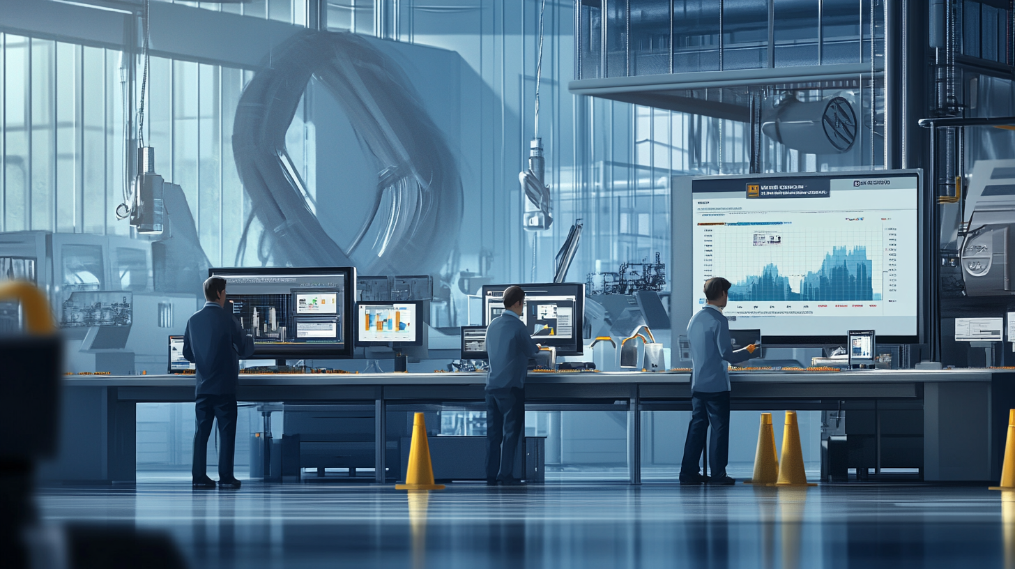 Cena interna de uma fábrica moderna, onde três profissionais analisam dados em grandes telas e dispositivos, ilustrando a aplicação do SAP Business One na otimização de processos industriais.